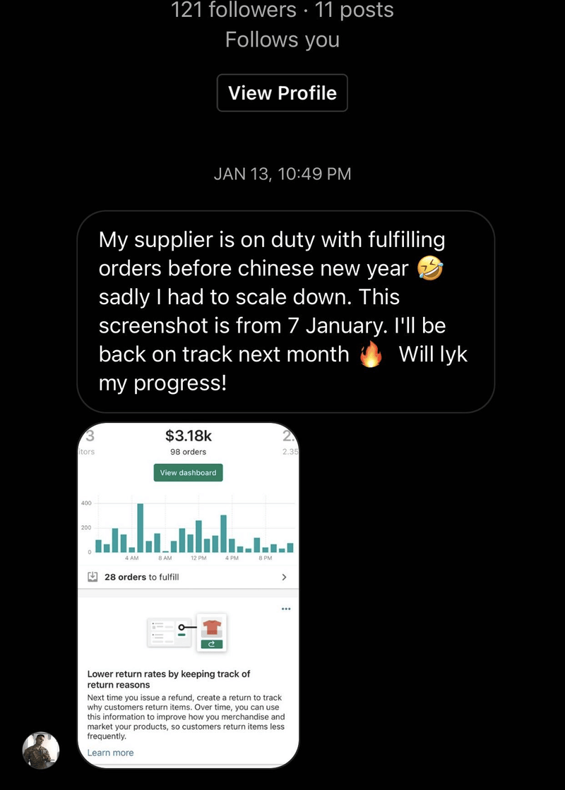 Testimonial — $3.18k, 98 orders
